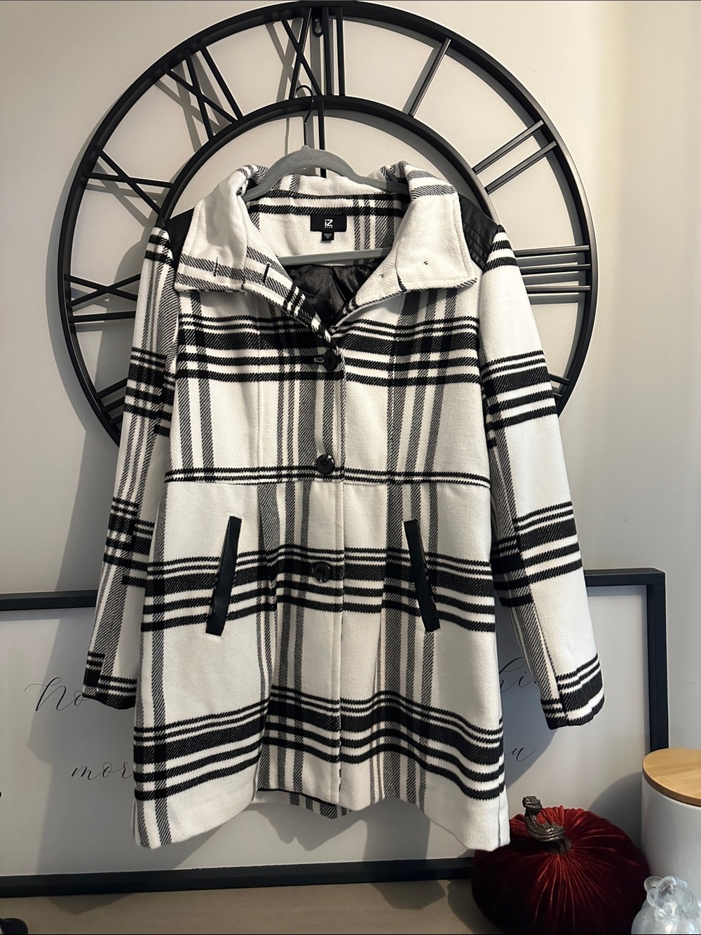 Iz Byer Black and White Plaid Pea Coat